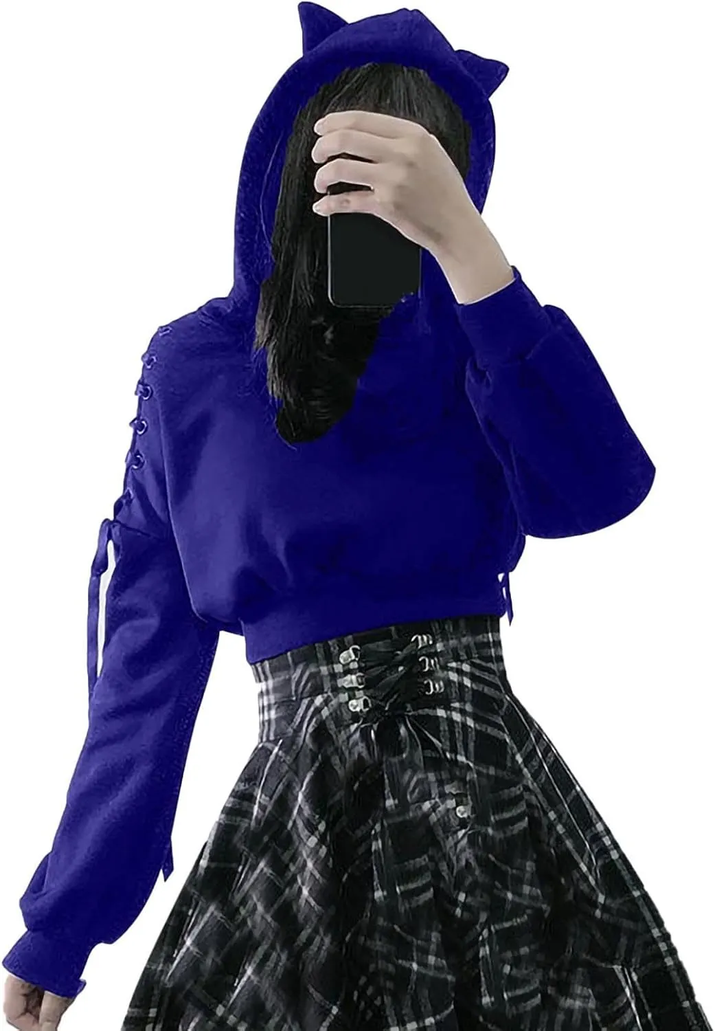 Aniywn Teen Girls Hoodies Cute Cat Ear Crop Top Gothic Hooded Sweatshirt Women Casual Long Sleeve Pullover Hodies