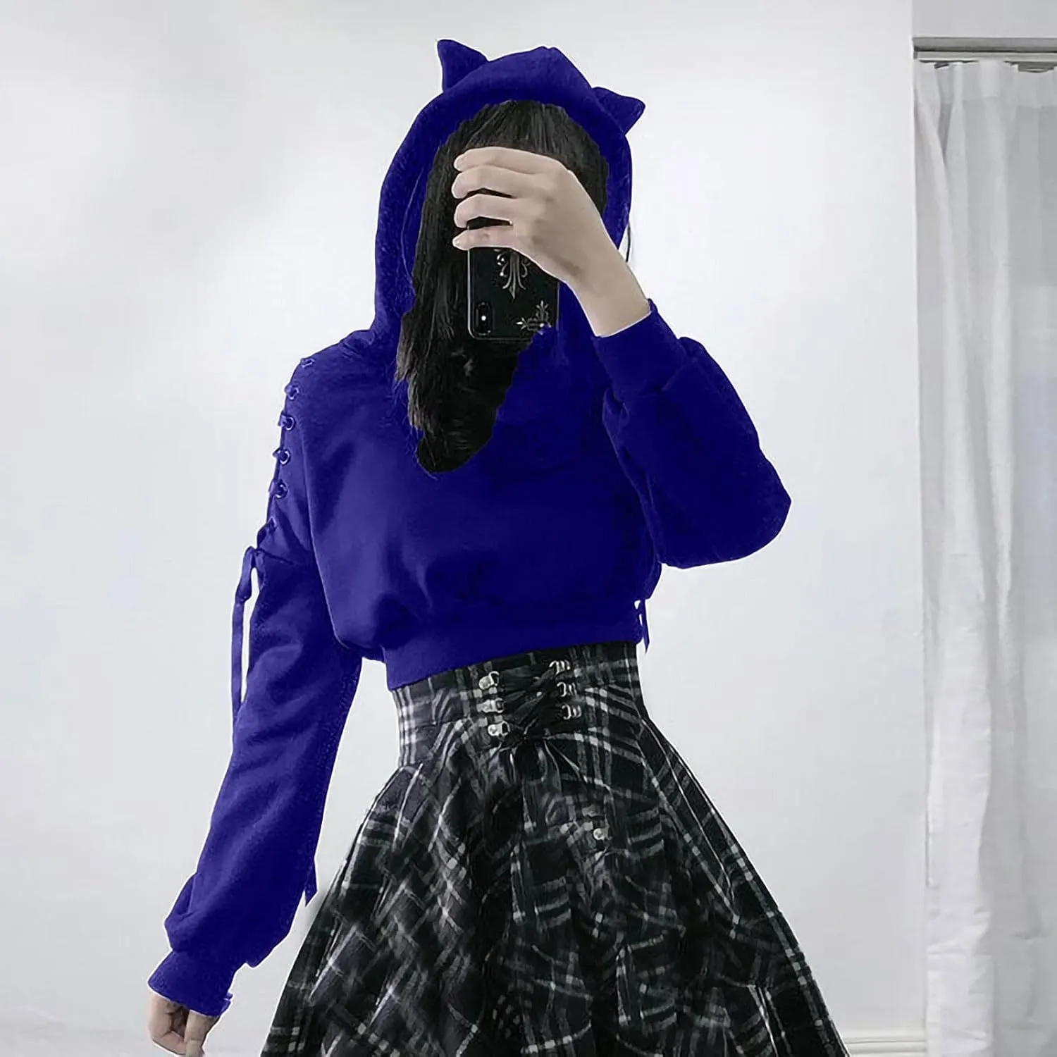 Aniywn Teen Girls Hoodies Cute Cat Ear Crop Top Gothic Hooded Sweatshirt Women Casual Long Sleeve Pullover Hodies