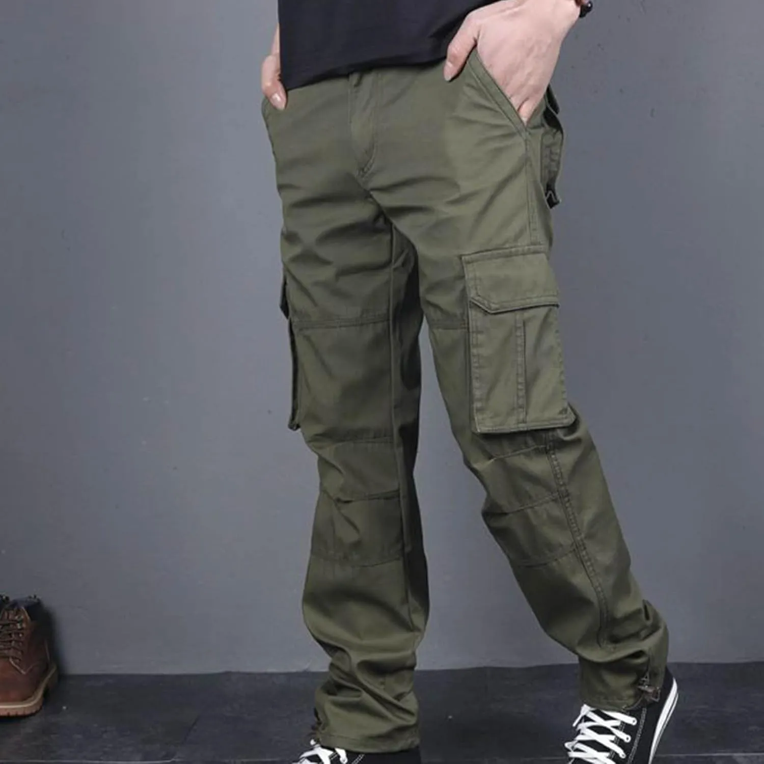 Aymnlox Mens Cotton Cargo Pants Elastic Waist Drawstring Tapered Joggers Sweatpants Casual Long Fashion Trousers with Pockets