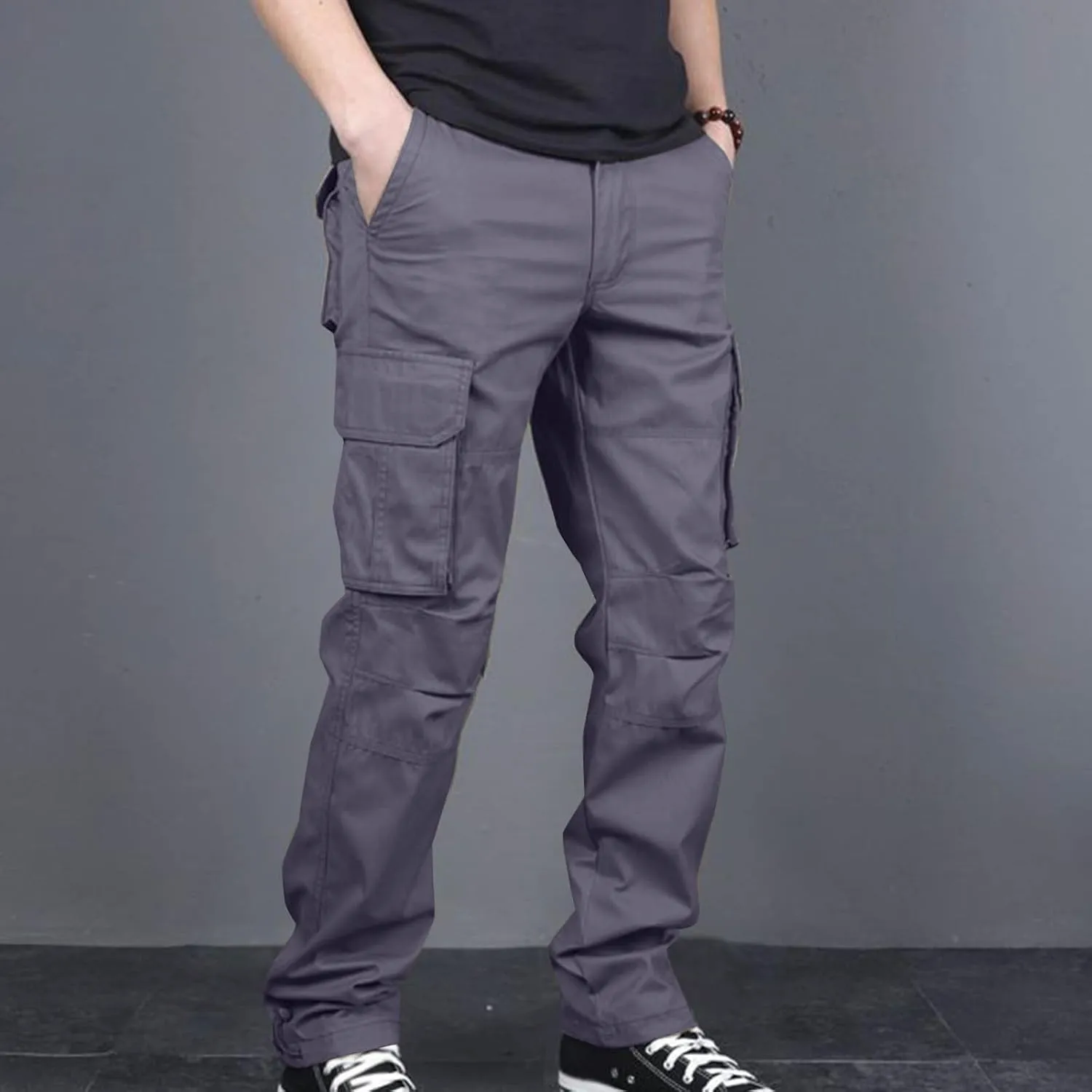 Aymnlox Mens Cotton Cargo Pants Elastic Waist Drawstring Tapered Joggers Sweatpants Casual Long Fashion Trousers with Pockets