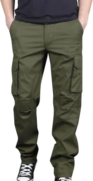 Aymnlox Mens Cotton Cargo Pants Elastic Waist Drawstring Tapered Joggers Sweatpants Casual Long Fashion Trousers with Pockets