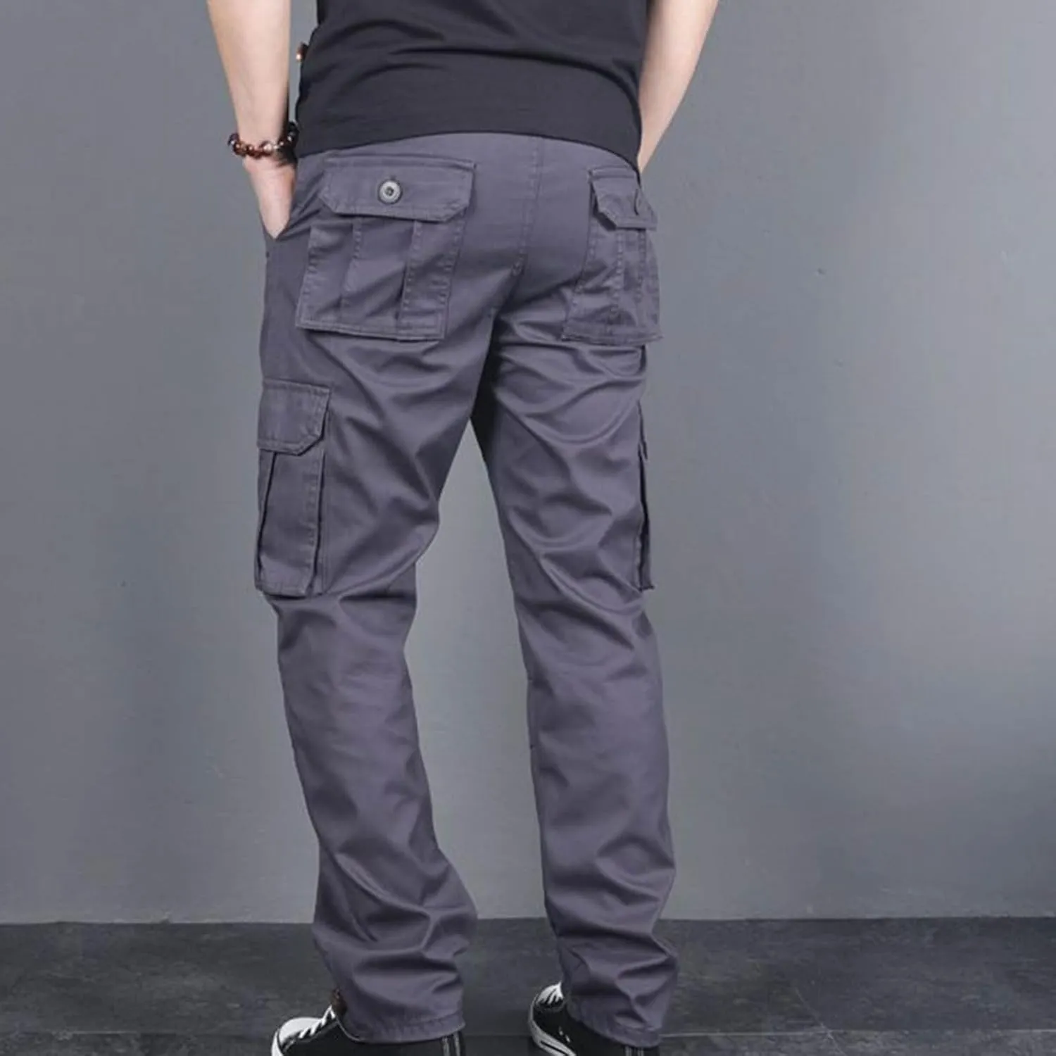Aymnlox Mens Cotton Cargo Pants Elastic Waist Drawstring Tapered Joggers Sweatpants Casual Long Fashion Trousers with Pockets
