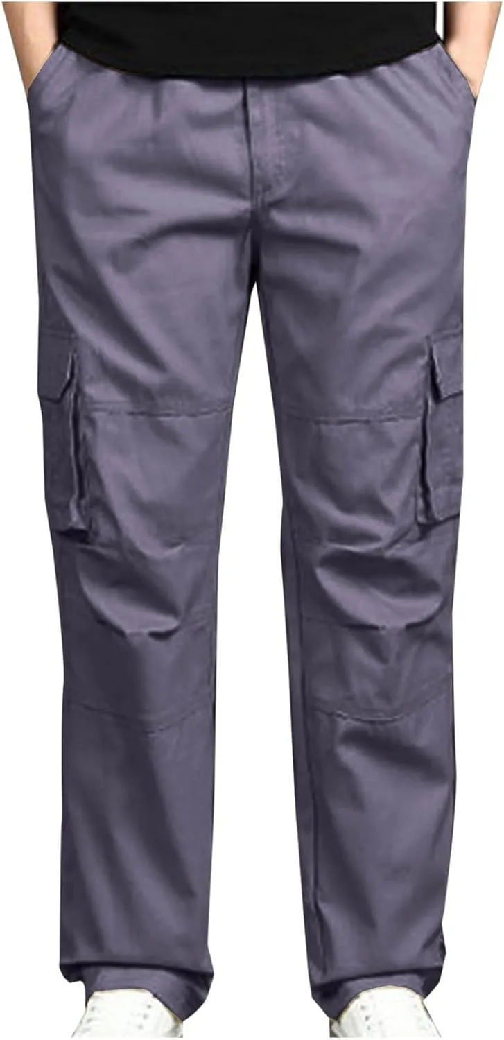 Aymnlox Mens Cotton Cargo Pants Elastic Waist Drawstring Tapered Joggers Sweatpants Casual Long Fashion Trousers with Pockets