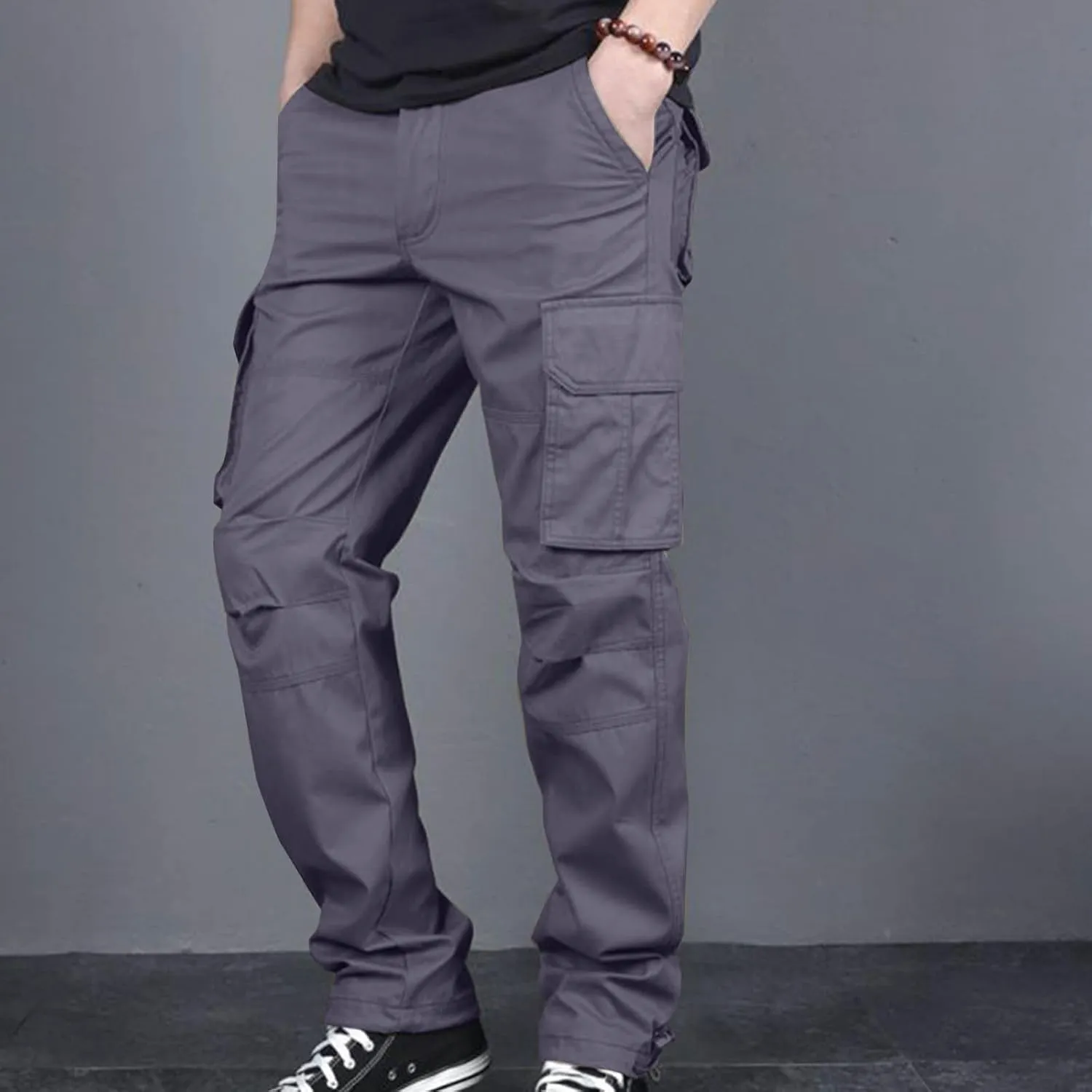 Aymnlox Mens Cotton Cargo Pants Elastic Waist Drawstring Tapered Joggers Sweatpants Casual Long Fashion Trousers with Pockets