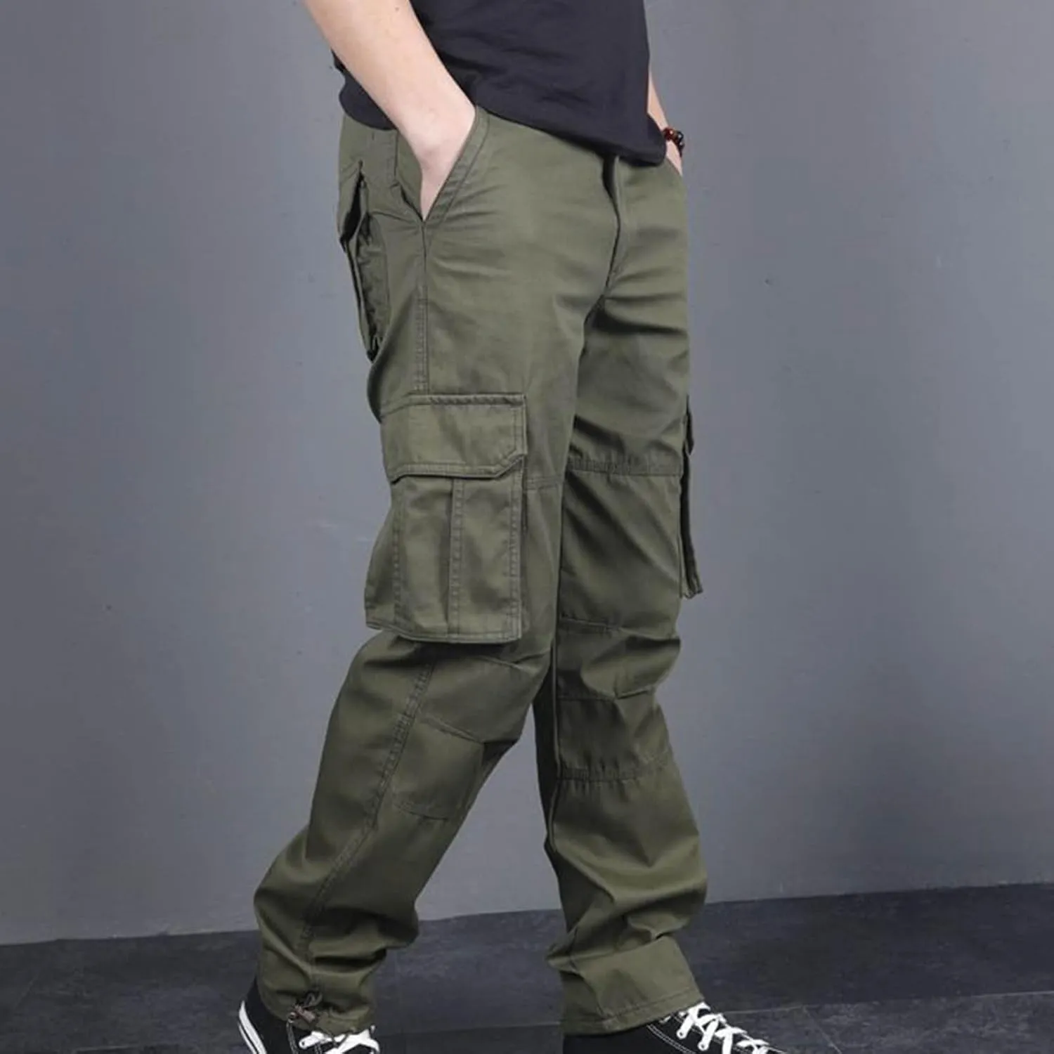 Aymnlox Mens Cotton Cargo Pants Elastic Waist Drawstring Tapered Joggers Sweatpants Casual Long Fashion Trousers with Pockets