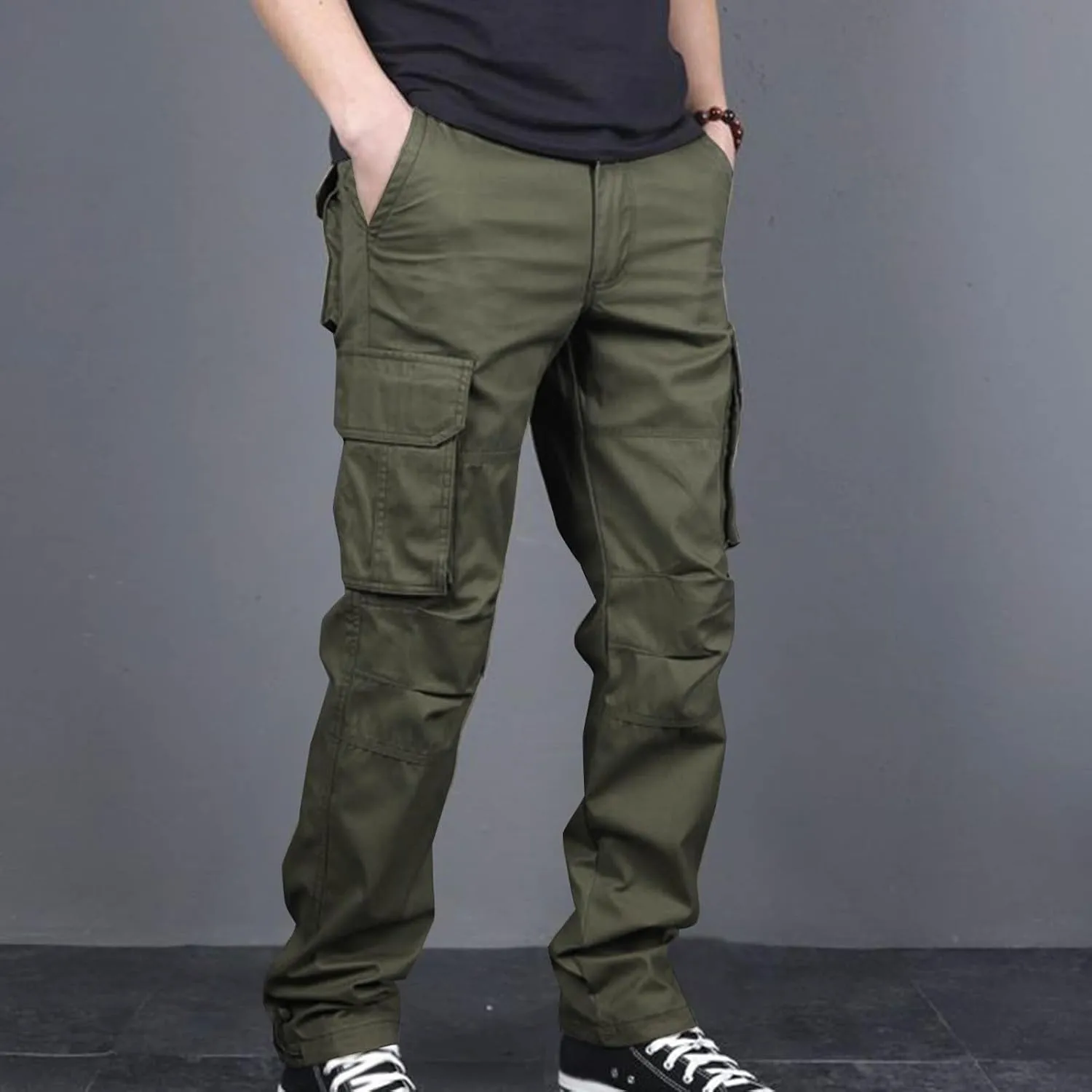 Aymnlox Mens Cotton Cargo Pants Elastic Waist Drawstring Tapered Joggers Sweatpants Casual Long Fashion Trousers with Pockets