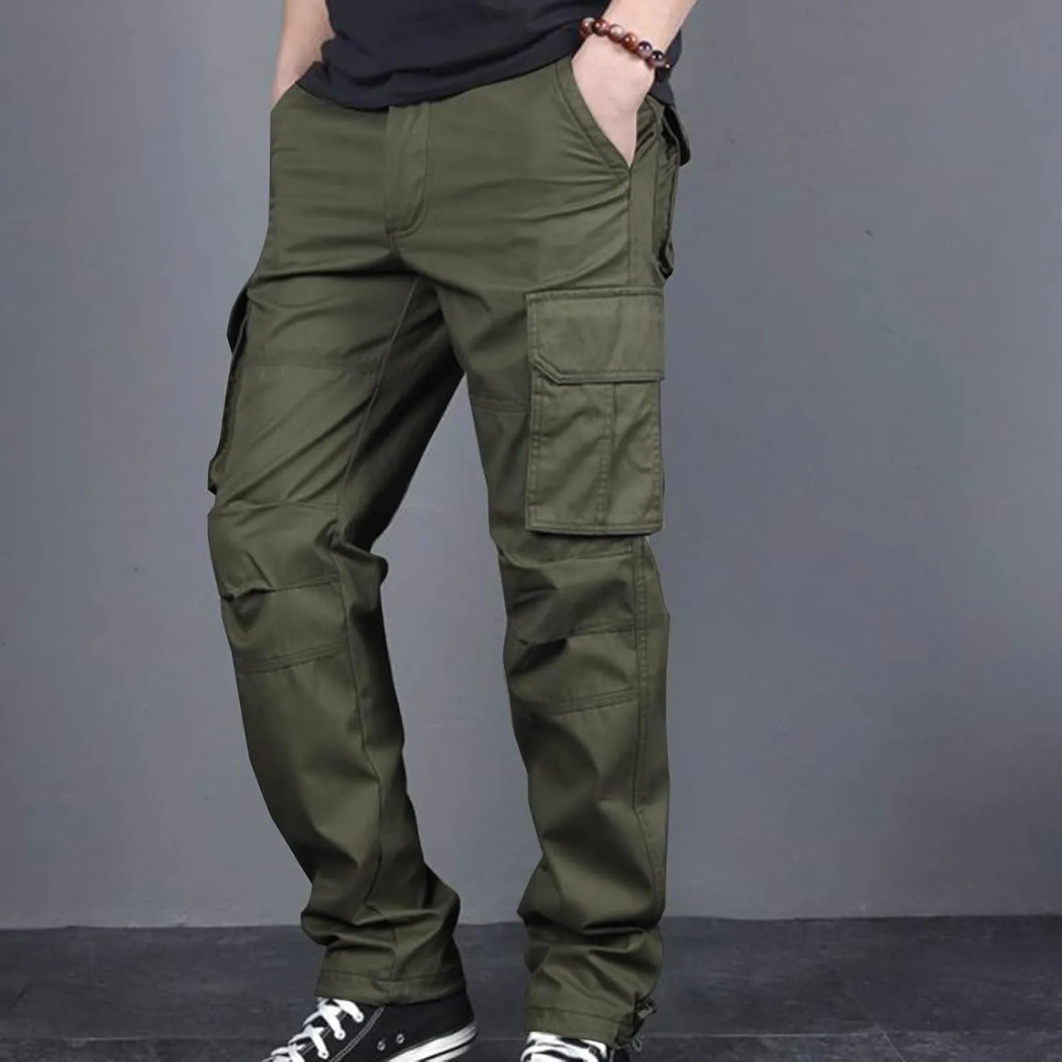 Aymnlox Mens Cotton Cargo Pants Elastic Waist Drawstring Tapered Joggers Sweatpants Casual Long Fashion Trousers with Pockets