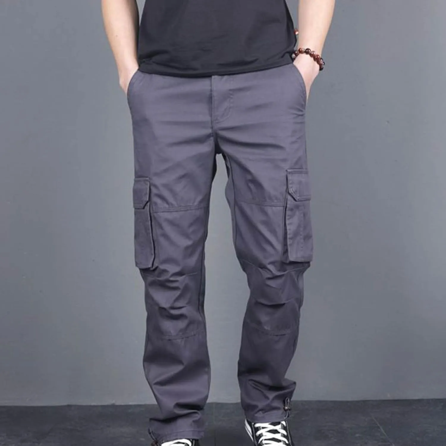 Aymnlox Mens Cotton Cargo Pants Elastic Waist Drawstring Tapered Joggers Sweatpants Casual Long Fashion Trousers with Pockets