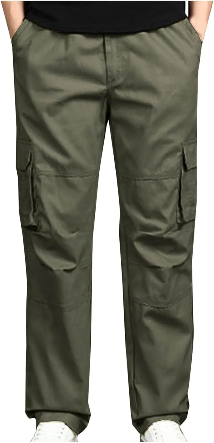 Aymnlox Mens Cotton Cargo Pants Elastic Waist Drawstring Tapered Joggers Sweatpants Casual Long Fashion Trousers with Pockets