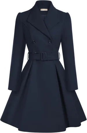 Belle Poque Women's Double Breasted Dress Coats Winter Trench Jacket with Belt