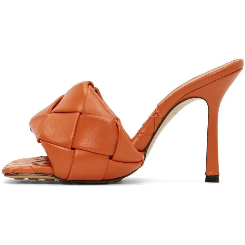 Bottega Veneta Orange Intrecciato Lido Heeled Sandals