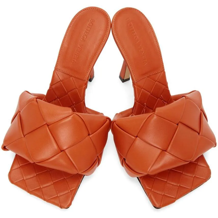 Bottega Veneta Orange Intrecciato Lido Heeled Sandals