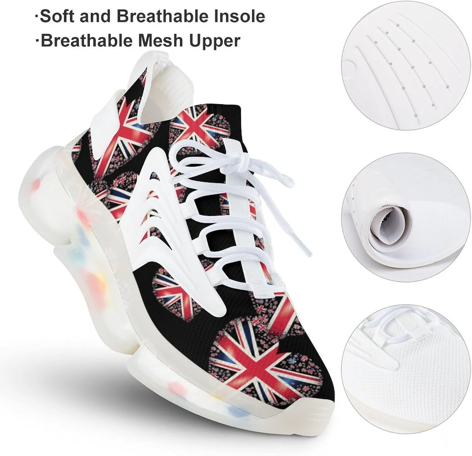 British Flag in Heart Shape Mens Sneakers Running Shoes Lightweight Athletic Shoes for Jogging Walking Gym