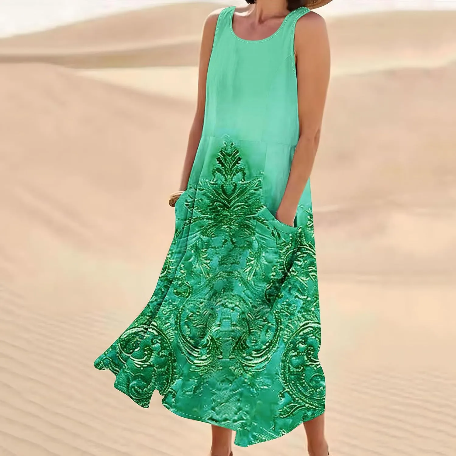 Cotton Linen Dress for Women Beach Summer Casual Floral Print Tank Dress Sleeveless Crewneck Swing Flowy Long Dress