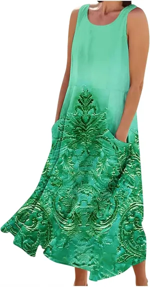 Cotton Linen Dress for Women Beach Summer Casual Floral Print Tank Dress Sleeveless Crewneck Swing Flowy Long Dress