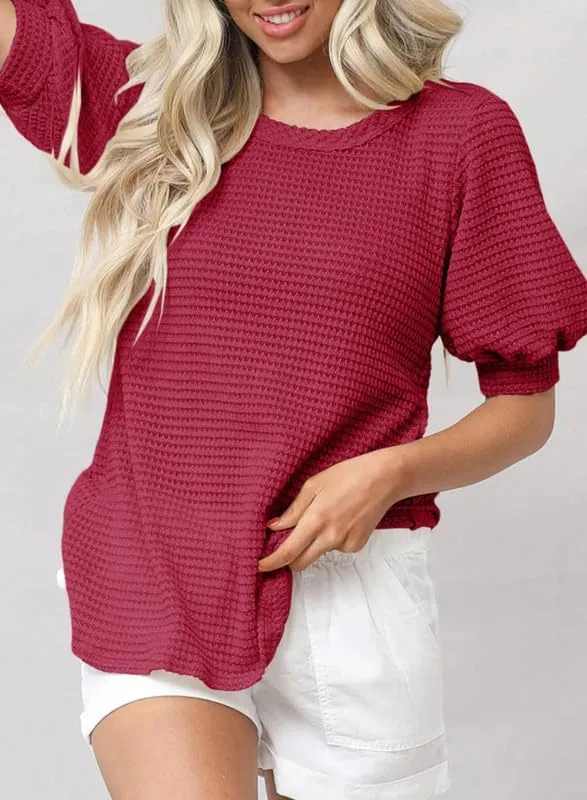 Dokotoo Womens Summer Tops 2025 Casual Crewneck Short Lantern Sleeve Blouse Waffle Knit Pullover Shirts