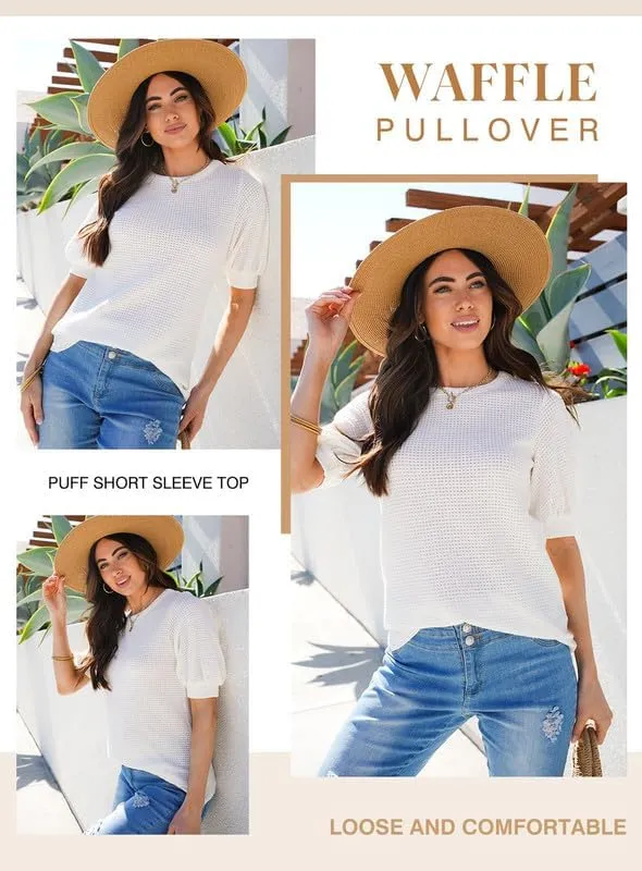 Dokotoo Womens Summer Tops 2025 Casual Crewneck Short Lantern Sleeve Blouse Waffle Knit Pullover Shirts