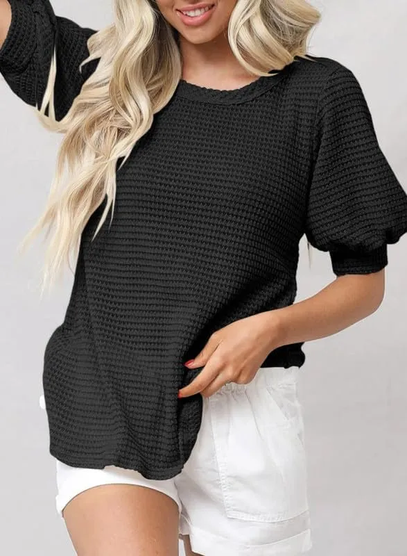 Dokotoo Womens Summer Tops 2025 Casual Crewneck Short Lantern Sleeve Blouse Waffle Knit Pullover Shirts