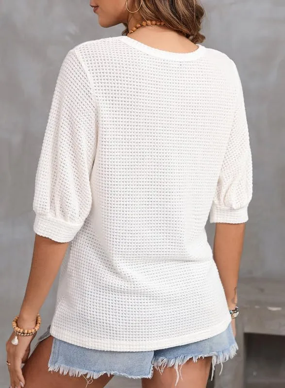 Dokotoo Womens Summer Tops 2025 Casual Crewneck Short Lantern Sleeve Blouse Waffle Knit Pullover Shirts