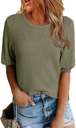 Dokotoo Womens Summer Tops 2025 Casual Crewneck Short Lantern Sleeve Blouse Waffle Knit Pullover Shirts