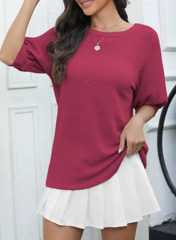 Dokotoo Womens Summer Tops 2025 Casual Crewneck Short Lantern Sleeve Blouse Waffle Knit Pullover Shirts