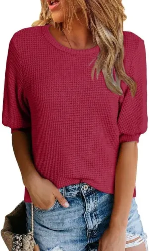 Dokotoo Womens Summer Tops 2025 Casual Crewneck Short Lantern Sleeve Blouse Waffle Knit Pullover Shirts