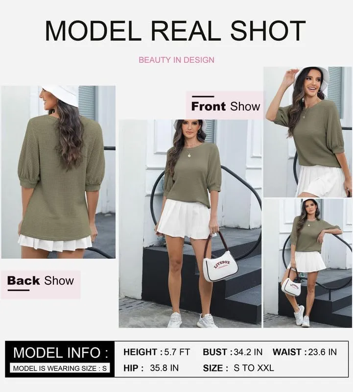 Dokotoo Womens Summer Tops 2025 Casual Crewneck Short Lantern Sleeve Blouse Waffle Knit Pullover Shirts