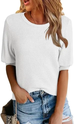 Dokotoo Womens Summer Tops 2025 Casual Crewneck Short Lantern Sleeve Blouse Waffle Knit Pullover Shirts