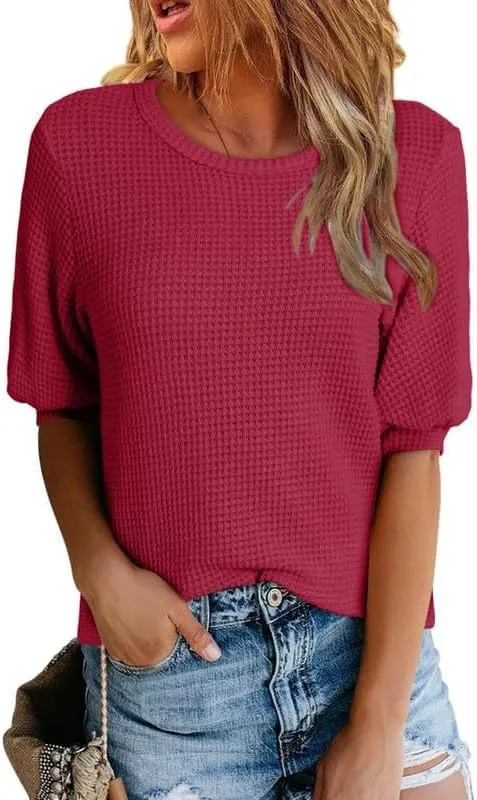 Dokotoo Womens Summer Tops 2025 Casual Crewneck Short Lantern Sleeve Blouse Waffle Knit Pullover Shirts