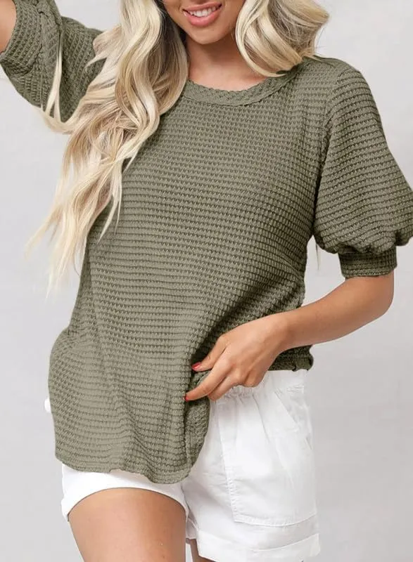 Dokotoo Womens Summer Tops 2025 Casual Crewneck Short Lantern Sleeve Blouse Waffle Knit Pullover Shirts