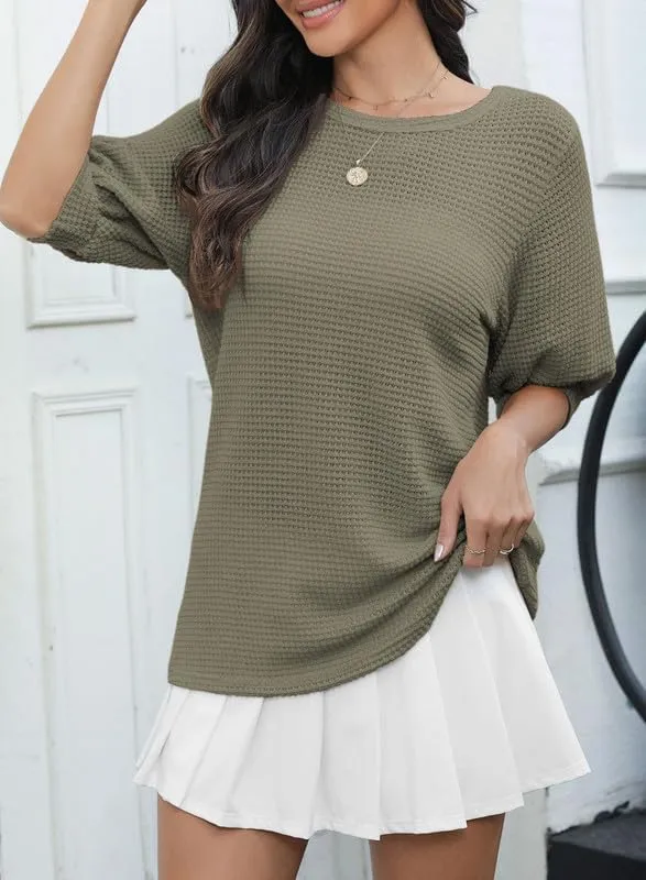 Dokotoo Womens Summer Tops 2025 Casual Crewneck Short Lantern Sleeve Blouse Waffle Knit Pullover Shirts