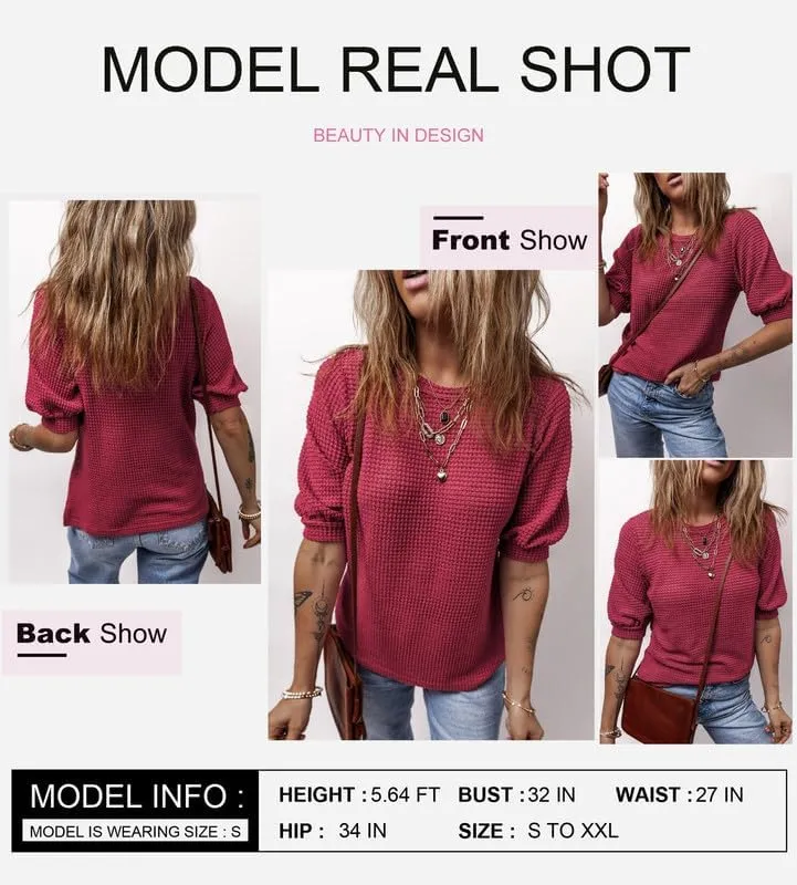 Dokotoo Womens Summer Tops 2025 Casual Crewneck Short Lantern Sleeve Blouse Waffle Knit Pullover Shirts