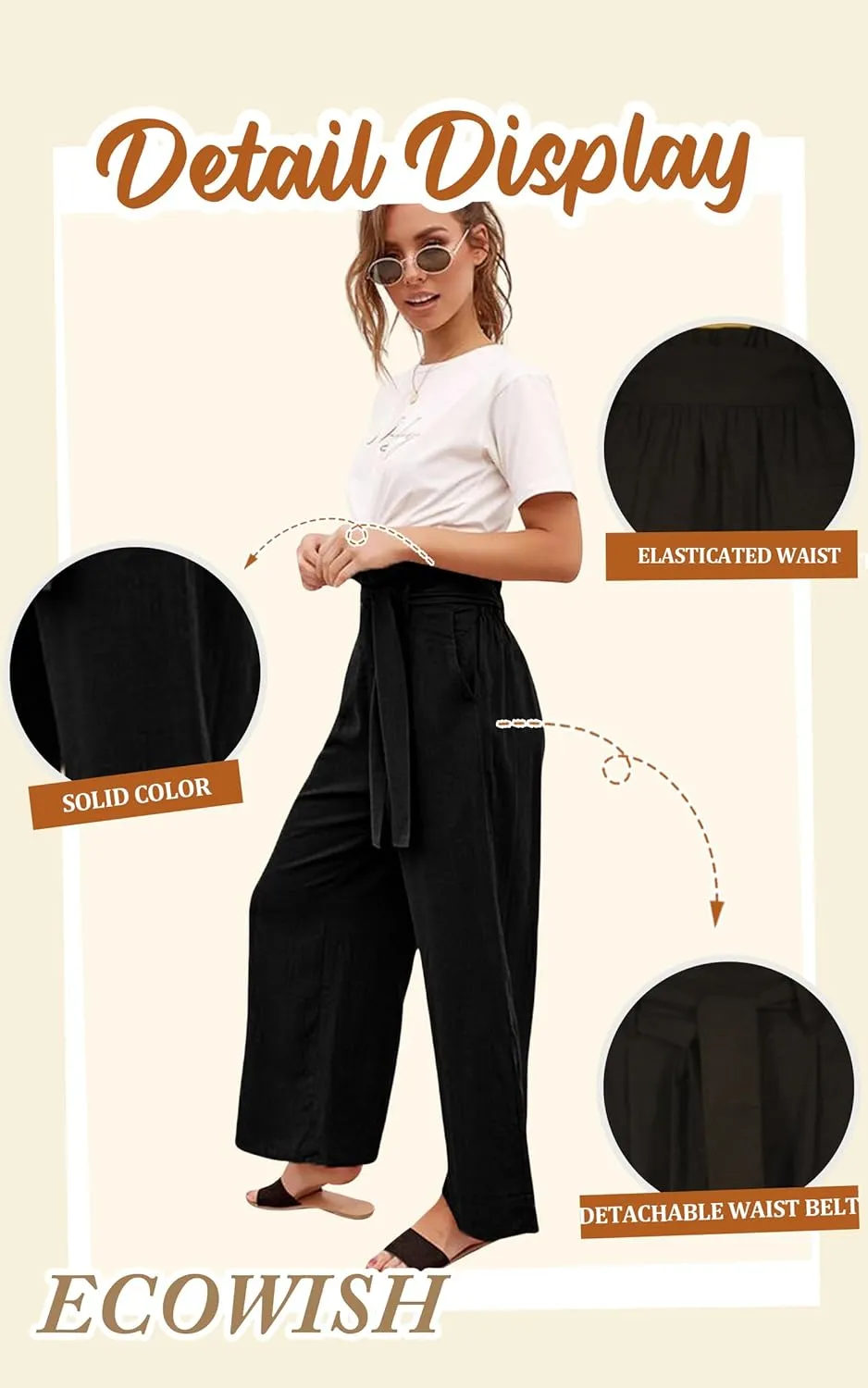 ECOWISH Palazzo Pants for Women Casual 2025 Summer Loose Baggy Wide Leg Flowy High Waisted Polka Dot Trouser with Belt Pocket
