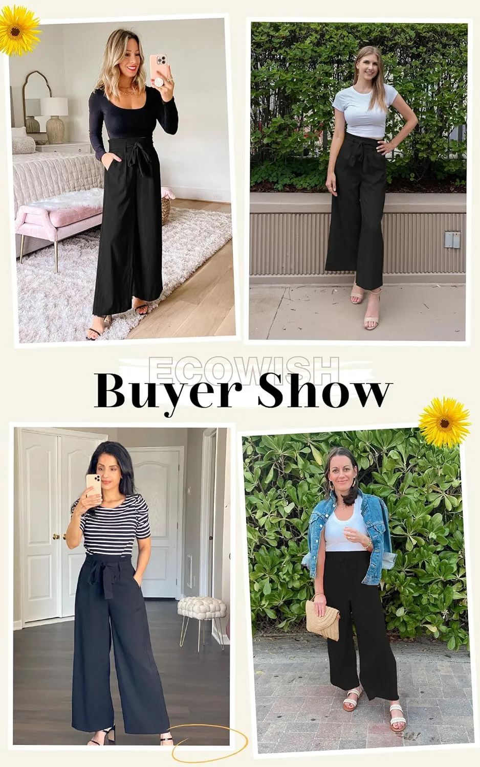 ECOWISH Palazzo Pants for Women Casual 2025 Summer Loose Baggy Wide Leg Flowy High Waisted Polka Dot Trouser with Belt Pocket
