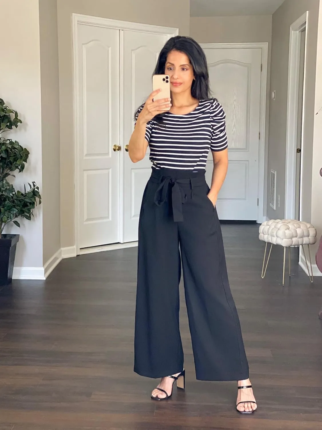 ECOWISH Palazzo Pants for Women Casual 2025 Summer Loose Baggy Wide Leg Flowy High Waisted Polka Dot Trouser with Belt Pocket