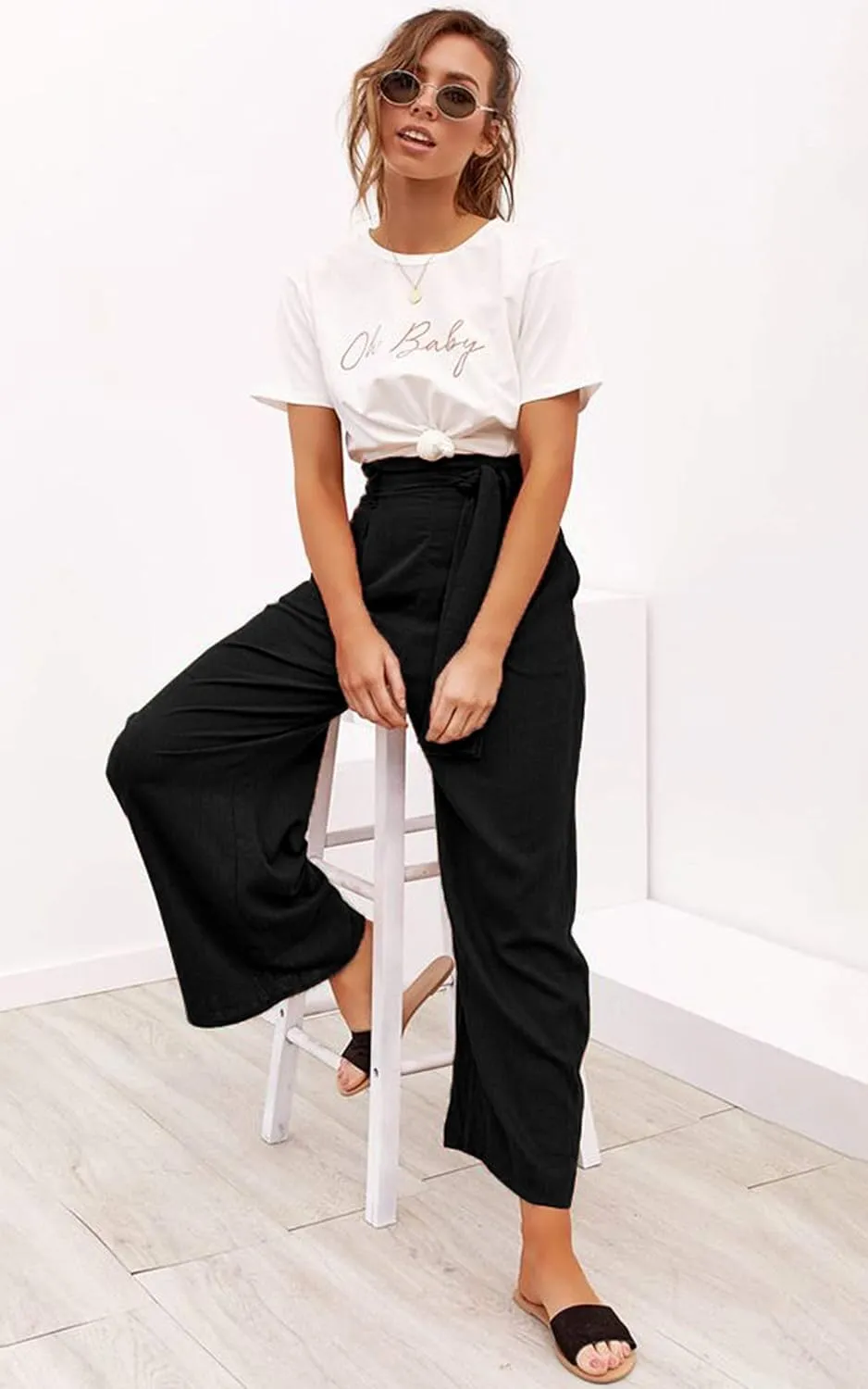 ECOWISH Palazzo Pants for Women Casual 2025 Summer Loose Baggy Wide Leg Flowy High Waisted Polka Dot Trouser with Belt Pocket