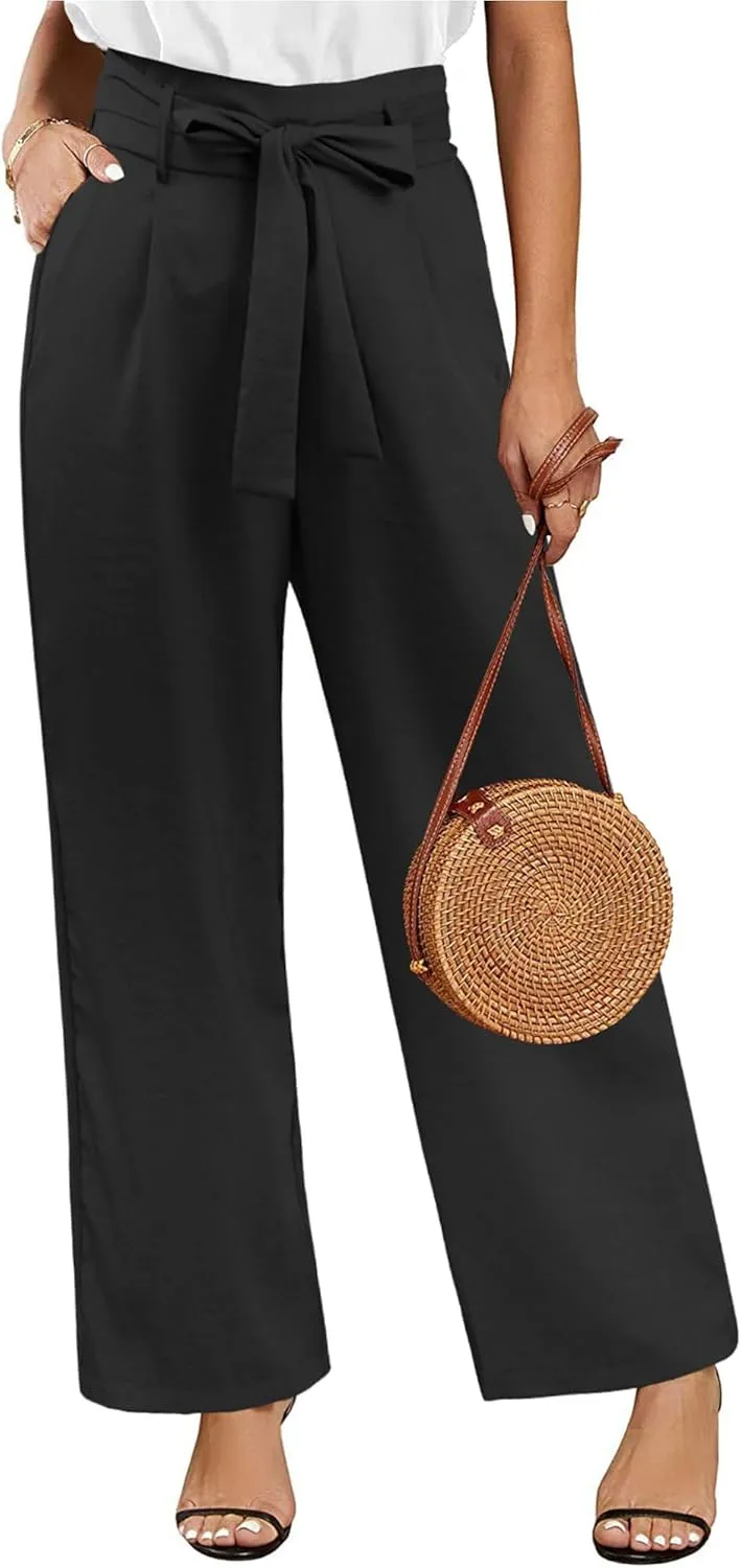 ECOWISH Palazzo Pants for Women Casual 2025 Summer Loose Baggy Wide Leg Flowy High Waisted Polka Dot Trouser with Belt Pocket