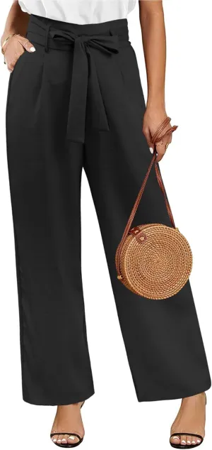 ECOWISH Palazzo Pants for Women Casual 2025 Summer Loose Baggy Wide Leg Flowy High Waisted Polka Dot Trouser with Belt Pocket