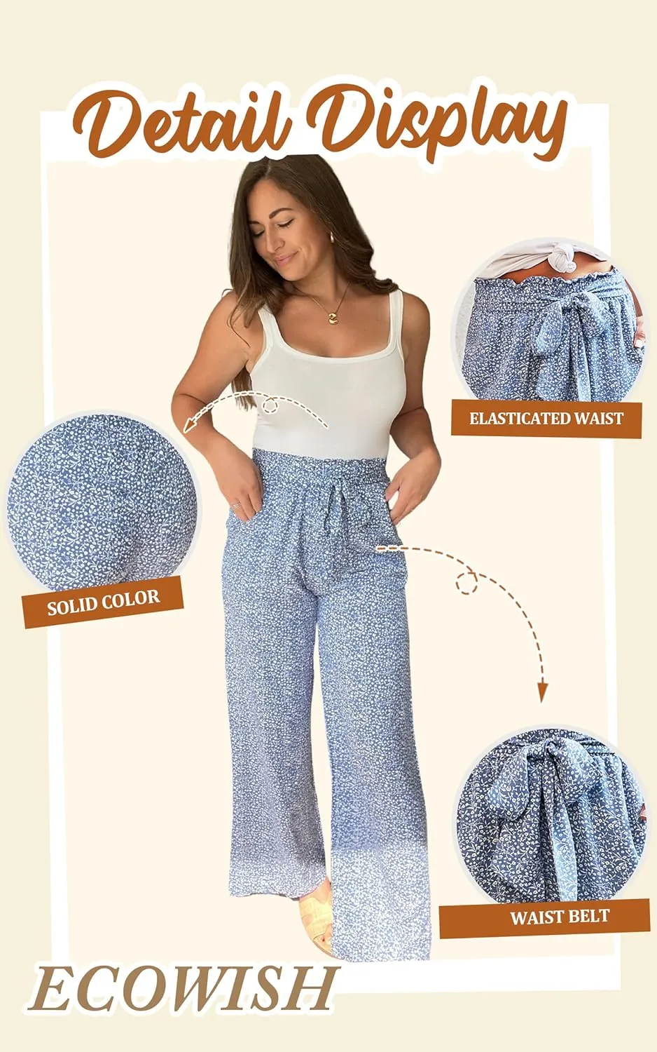 ECOWISH Palazzo Pants for Women Casual 2025 Summer Loose Baggy Wide Leg Flowy High Waisted Polka Dot Trouser with Belt Pocket