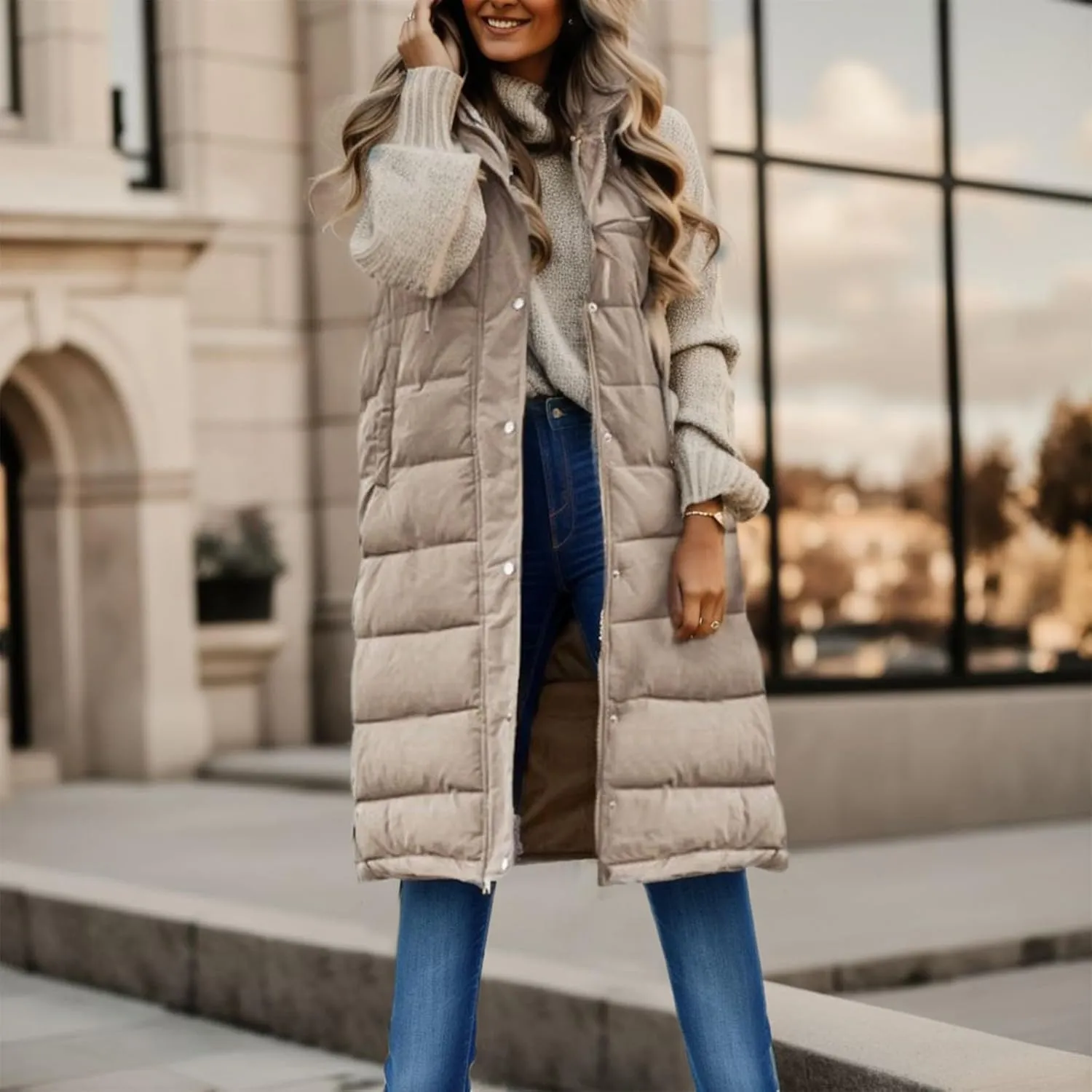 Eduavar Puffer Jacket Womens with Hood Jackets for Women Trendy Winter Warm Sleeveless Down Vest Full Zip Cardigan Coats