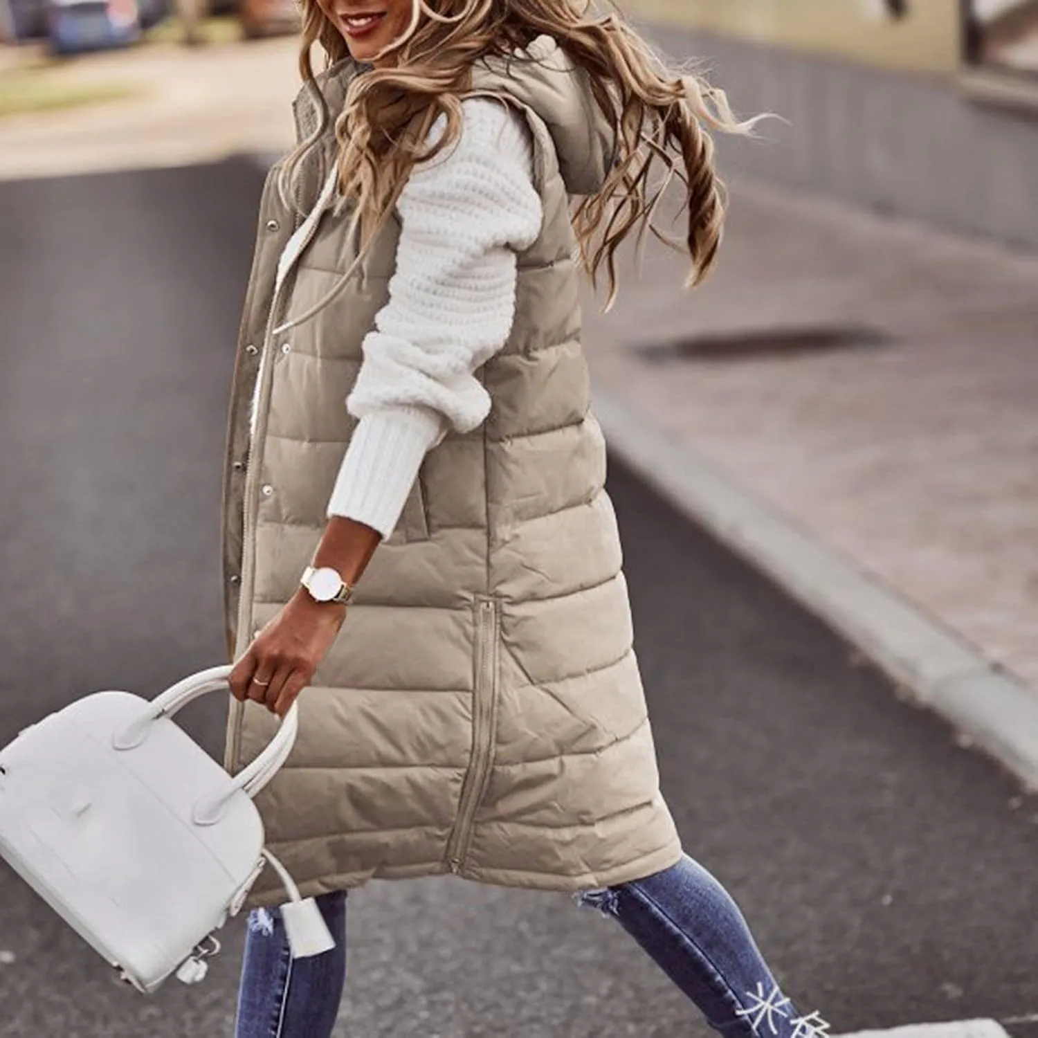 Eduavar Puffer Jacket Womens with Hood Jackets for Women Trendy Winter Warm Sleeveless Down Vest Full Zip Cardigan Coats