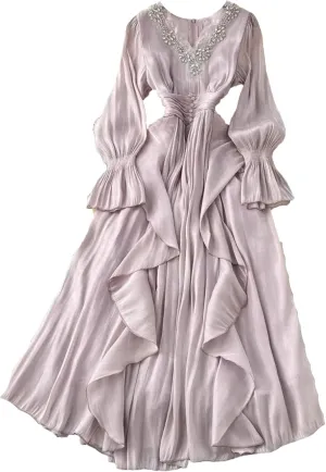 Elegant Beading V Neck Evening Party Dress Women's Long Sleeve High Waist Ruffles Pleated Prom Dress