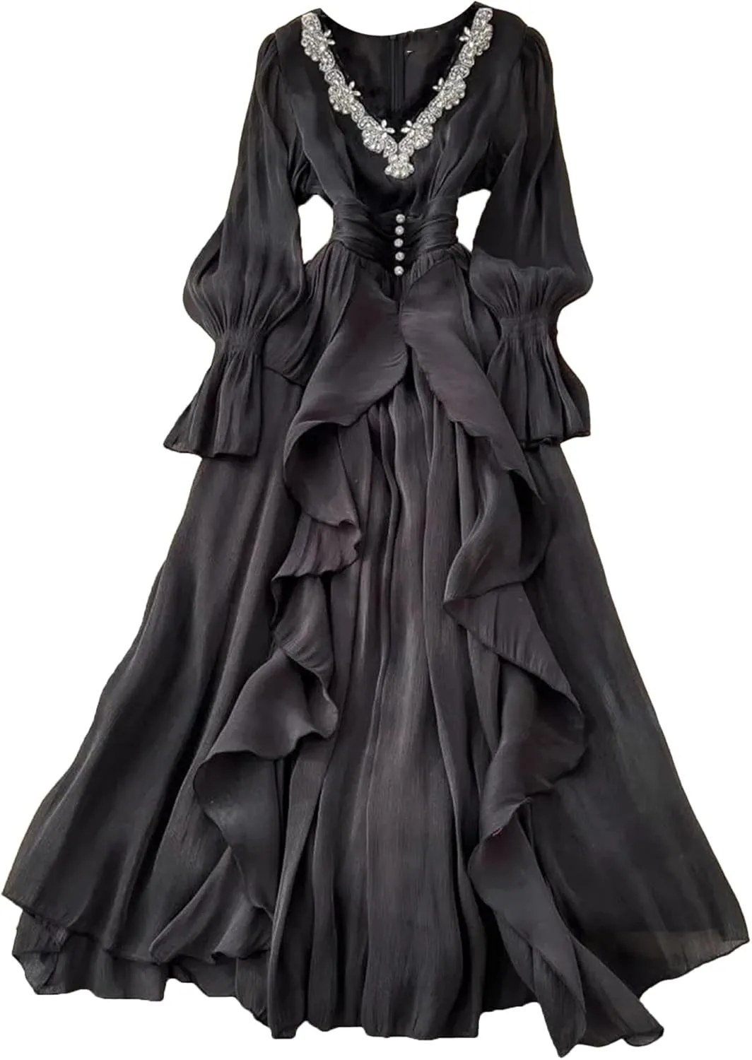 Elegant Beading V Neck Evening Party Dress Women's Long Sleeve High Waist Ruffles Pleated Prom Dress