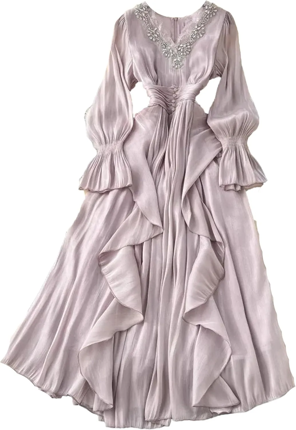 Elegant Beading V Neck Evening Party Dress Women's Long Sleeve High Waist Ruffles Pleated Prom Dress
