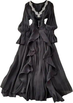 Elegant Beading V Neck Evening Party Dress Women's Long Sleeve High Waist Ruffles Pleated Prom Dress