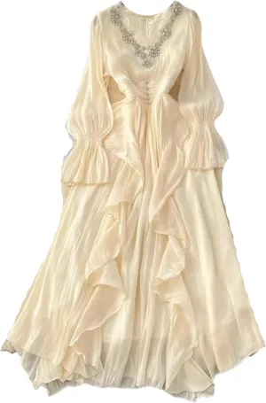 Elegant Beading V Neck Evening Party Dress Women's Long Sleeve High Waist Ruffles Pleated Prom Dress