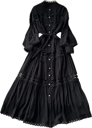 Elegant Long Maxi Hollow Out Dress Shirt Women Summer Button Embroidery Evening Party Dress