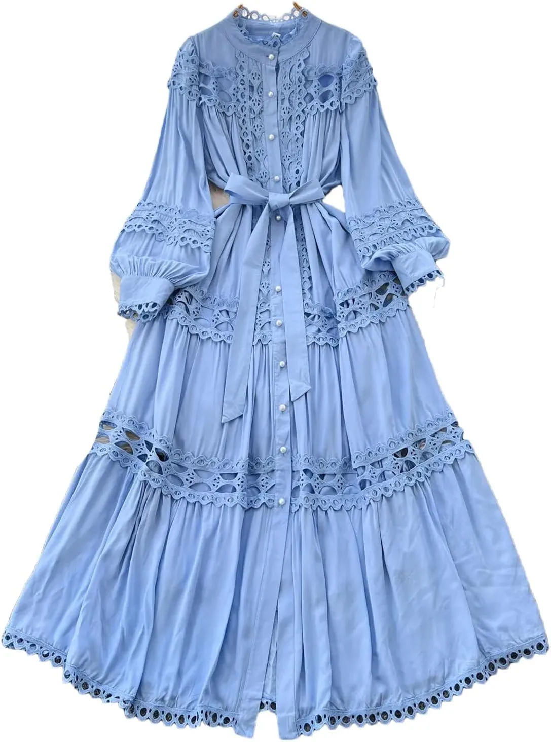 Elegant Long Maxi Hollow Out Dress Shirt Women Summer Button Embroidery Evening Party Dress