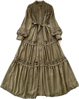Elegant Long Maxi Hollow Out Dress Shirt Women Summer Button Embroidery Evening Party Dress