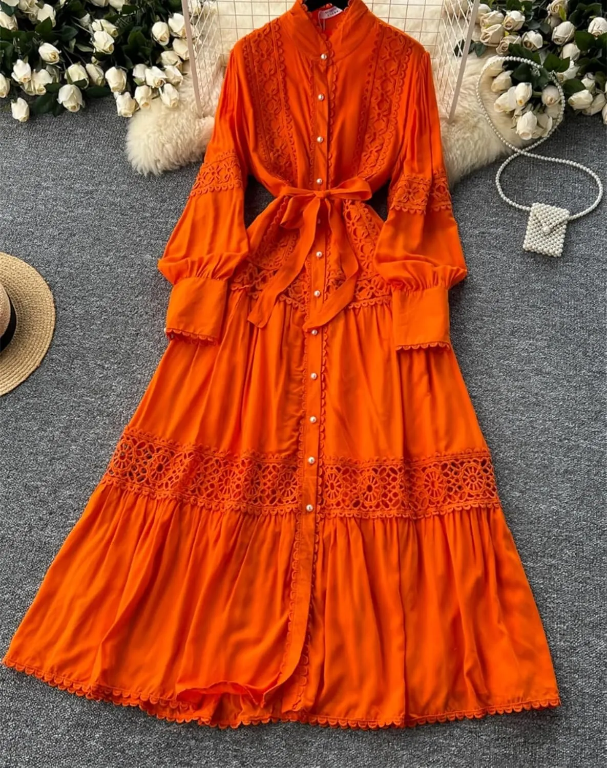 Elegant Long Sleeve Autumn Dress Women Lace Patchwork Button Single Breast Belt A Line Loose Party Dress